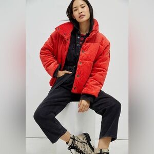 Anthropologie Orange Red Corduroy Puffer Jacket